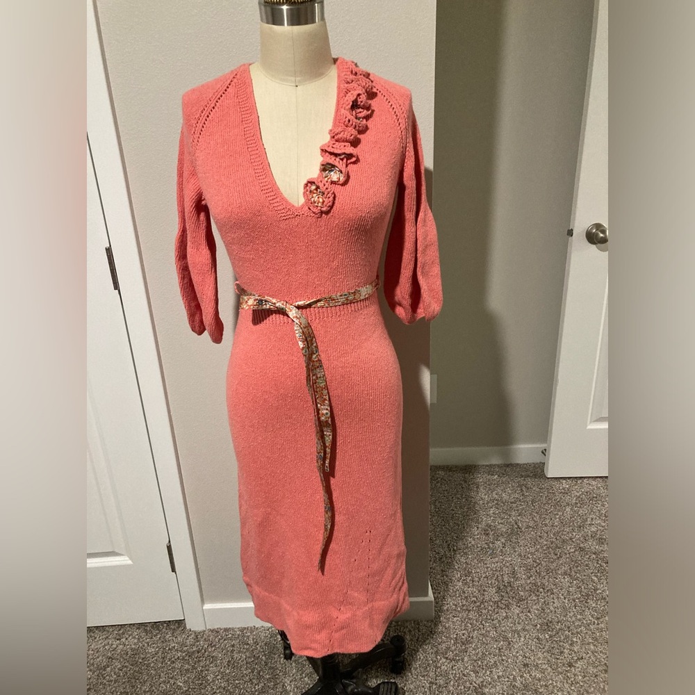 Rate, vintage coral knit Marc by Marc Jacobs sweater dress with crochet flowers.